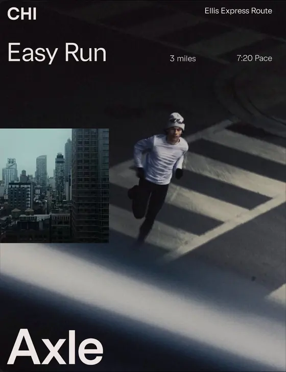 AXLE run card for Chicago: Easy Run, 3 miles at a 7:20 pace on the Ellis Express Route