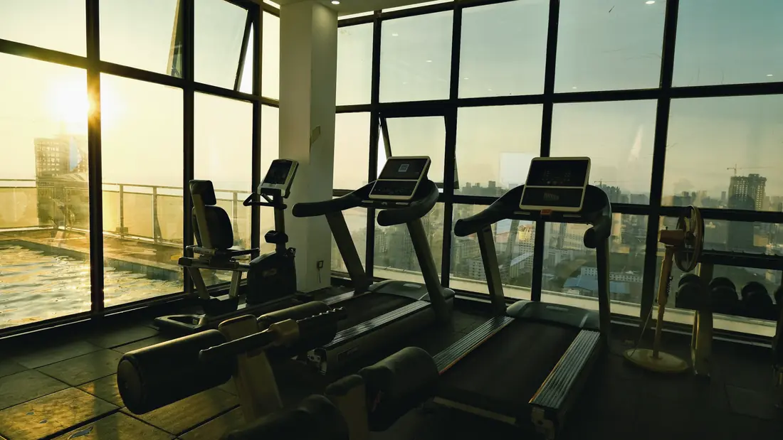 A hotel gym with treadmills facing tall windows and morning light